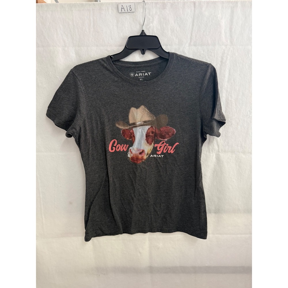 Ariat Womens XL Charcoal Grey Cow Girl Graphic T-Shirt Short Sleeve Western Tee
